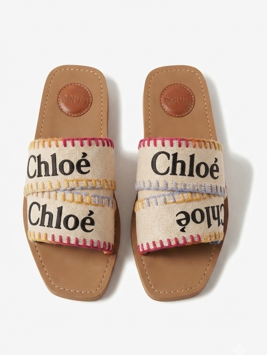 Chloe Shoes - Chloe Woody Embroidered Canvas Logo Flat Slide Sandal Size 38 US 8 Boho